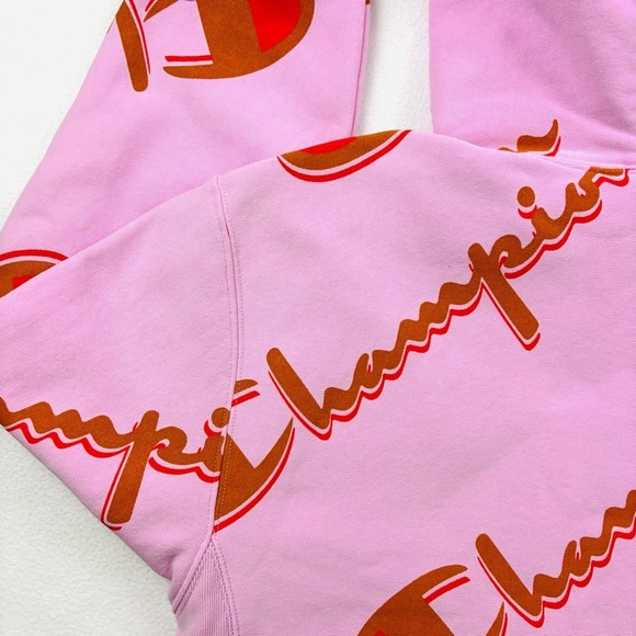 Champion Pink/Brown Thick Reverse Weave Cropped Pullover Hoodie Sweatshirt (M) - Picture 13 of 15